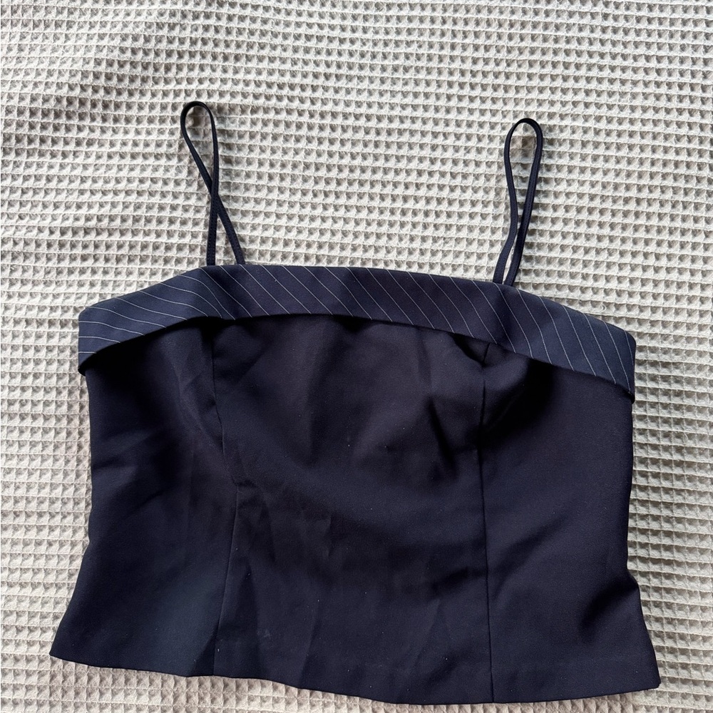 Spaghetti Strap Crop Top in Navy with Pinstripe Trim
